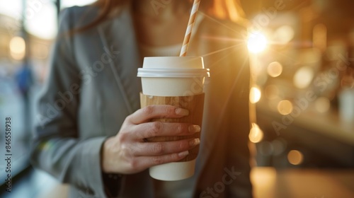 Walking woman takes coffee, business hand, and work break at lunch, breakfast, or tea stop in city, town, or downtown. Zoom takeout cup for morning public work commute or motivating habit.