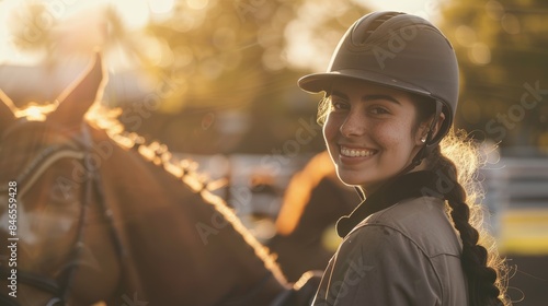 Riding horses and a lady on a ranch for sports, training, or recreation. Competition, smiling, or joyful young rider in uniform with her stallion or mare outdoors