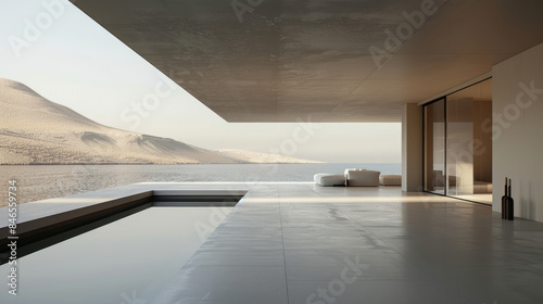 A sleek concrete pool deck with a minimalist design overlooks the ocean and distant mountain range. The long, narrow pool reflects the sky and landscape