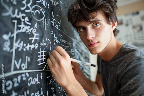 Smart young man writing complex mathematical and scientific formulas on a blackboard, demonstrating knowledge and expertise in the fields of math and science education