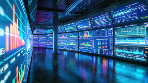 Large monitors are installed in the room for monitoring stock market data and financial investments on the entire wall on the left as a continuous panel.