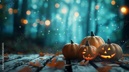 Halloween pumpkins with glowing faces in a spooky forest, Generative AI