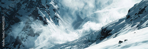 Majestic avalanche cascading down a snowy mountain, capturing the power and beauty of nature's force, ideal for winter sports safety, natural disasters, and environmental awareness illustrations