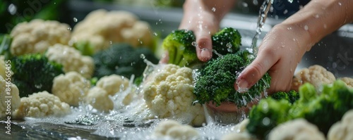Closeup of a womans hands rinsing broccoli and cauliflower under running water