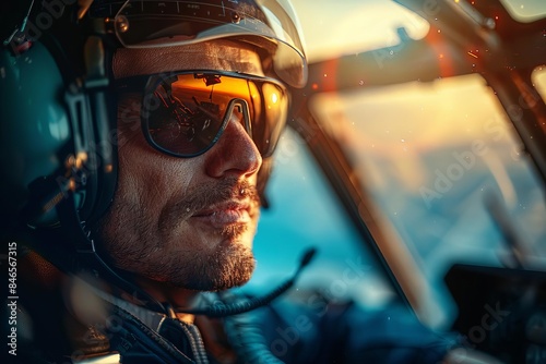 Close-up of a focused pilot wearing aviator sunglasses and helmet, with a cockpit view and sunset in the background.