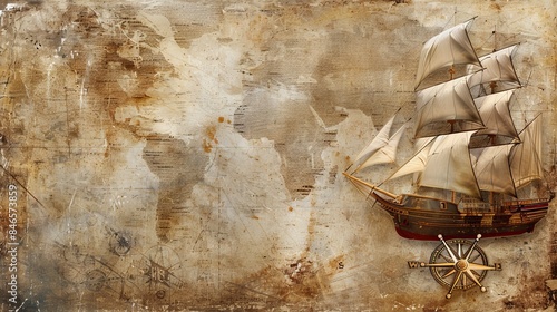 Historical background featuring an old sailboat, a compass, and an ancient map, symbolizing sea voyages, discoveries, pirates, sailors, geography, and history