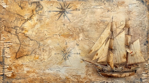 Historical background featuring an old sailboat, a compass, and an ancient map, symbolizing sea voyages, discoveries, pirates, sailors, geography, and history