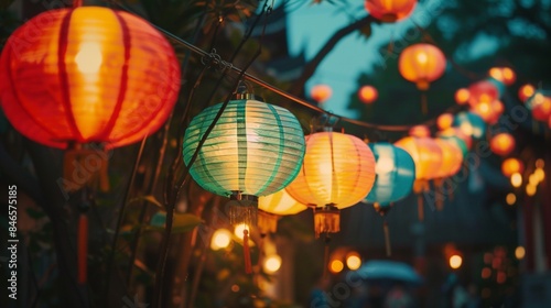 Colorful paper lanterns lighting up a street at dusk, creating a festive and traditional Asian celebration atmosphere.