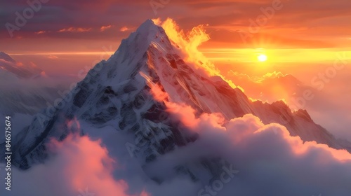 A mountain with a sun shining on it