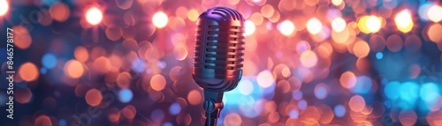 A vintage microphone against a blurred, colorful background, capturing the essence of a lively performance space