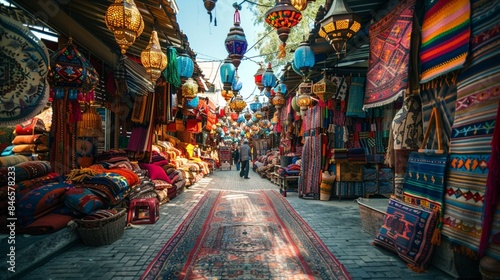 Colorful street market with hanging lanterns, traditional rugs, and textiles, inviting tourists to experience local culture and shopping.