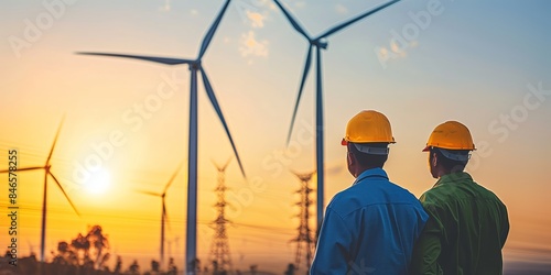 Two engineers wearing safety helmets and high-visibility vests stand arm in arm, overseeing a wind turbine farm at sunset.