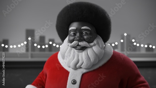 A black and white photo of a santa clause with an afro, AI