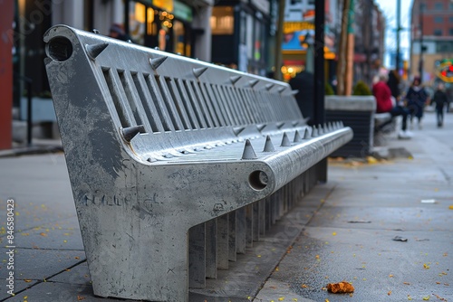 A close-up of a metal bench with spikes along the top, situated on a city sidewalk.