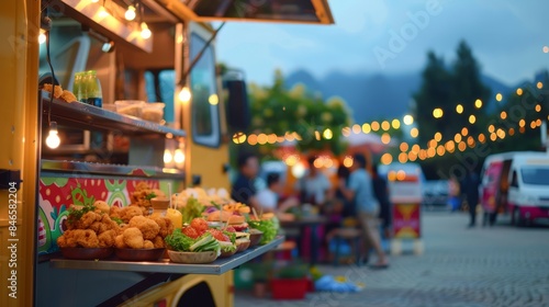 A vibrant food truck at night with various fried snacks and dishes, surrounded by people enjoying the lively street food scene under string lights.