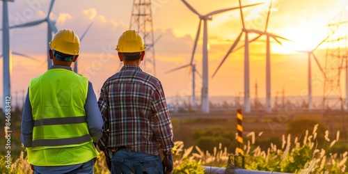 Two engineers wearing safety helmets and high-visibility vests stand arm in arm, overseeing a wind turbine farm at sunset.