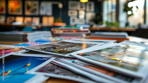 A stack of various colorful magazines spread out on a table in a cozy, well-lit reading room or cafe.