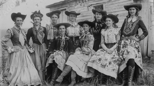 A group of cowgirls pose for a photo flaunting their laceup boots and flowing skirts a nod to the old west era.