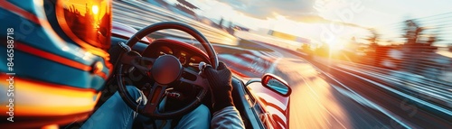 Driver in a highperformance racing car cockpit, wearing a helmet and gloves, gripping the steering wheel, with a sunlit race track ahead, intense and immersive