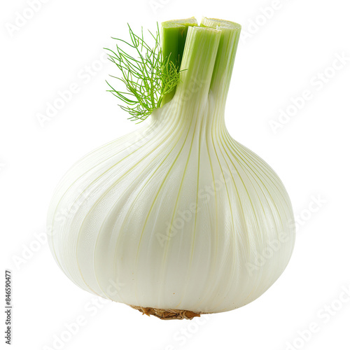 Close-up of a fresh fennel bulb with green stalks and fronds on a white background. Perfect for culinary, agriculture, and healthy food concepts.