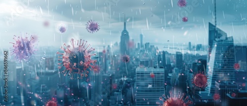 Cityscape under viral threat, with airborne particles showing the spread of the virus and need for protection
