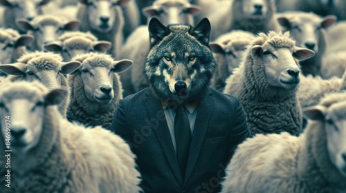 Conceptual image of corporate betrayal with a wolf in a suit among sheep, highlighting hidden agendas in business settings