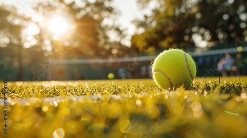 Grass court tennis close-up, featuring a tennis ball and racket at the moment of impact