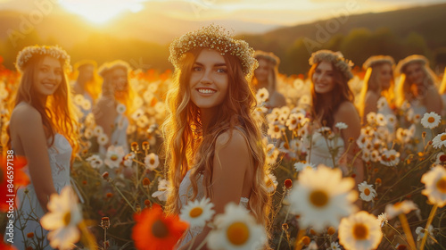 Happy Young Women with Floral Crowns Dancing in Meadow at Sunset. Summer Solstice Holiday. Generative ai
