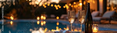 Elegant outdoor dinner by a pool at sunset, with sparkling drinks, fairy lights, and a beautifully set table, capturing a luxurious and festive atmosphere