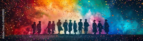 Excited silhouettes of graduates in colorful gowns, festive confetti shower, vibrant academic ceremony celebrating youth achievement and future triumph 8K , high-resolution, ultra HD,up32K HD