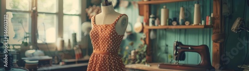 Mannequin dressed in a vintage polka dot dress, set in an oldfashioned sewing room, the scene filled with nostalgic details and warm lighting