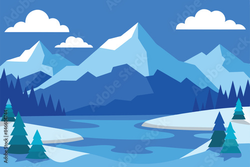 Landscape of a winter lake, mountains and forest. Beautiful winter lake against the background of forest, snowdrifts, high mountains, blue sky and large clouds vector illustration