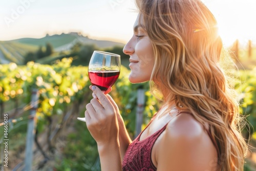 Romantic Tuscany: Blond Woman Enjoys a Glass of Chianti Wine, Savoring the Sunset Over Rolling Hills and Scenic Vineyards of Italy's Countryside.
