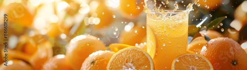 Splashing glass of fresh orange juice, surrounded by whole and sliced oranges, vibrant sunlight creating a refreshing and energetic scene, capturing the essence of citrus