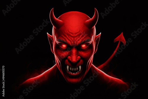 Scary red devil face with horns and a tail in the middle of a dark background.