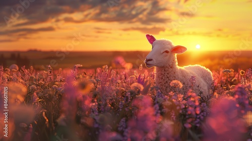 Beautiful sheep in the field of flowers