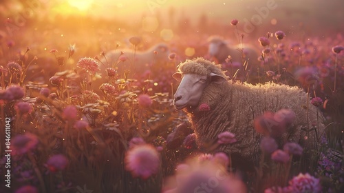 Beautiful sheep in the field of flowers