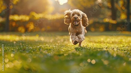 English cocker spaniel runs outdoors on a large grass field in a park