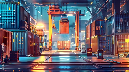 Futuristic Cargo Container Hub with Sleek Automated Loading Equipment and Vibrant Cinematic Lighting