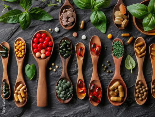 Assorted Herbal Supplements and Vitamins on Wooden Spoons