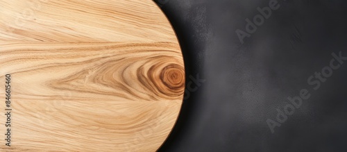 Top view flat lay of a wooden pizza platter on a white stone kitchen table with empty space for text or images. with copy space image. Place for adding text or design