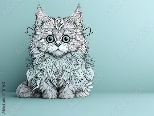 Cute Persian Kitten Sitting with Phone on Pastel Blue Minimalist Background