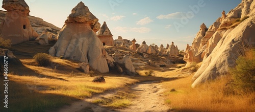 Discover unique geological formations in a sunlit steppe landscape. Explore hidden caves and crevices with scenic beauty. Walk among stunning rock formations with a copy space image.