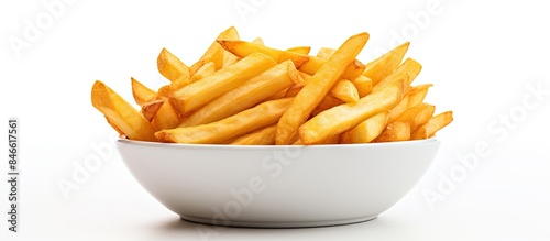 A bowl of crispy french fries with a white background for copy space image.