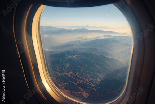 View of the mountains from an airplane window, close-up photo