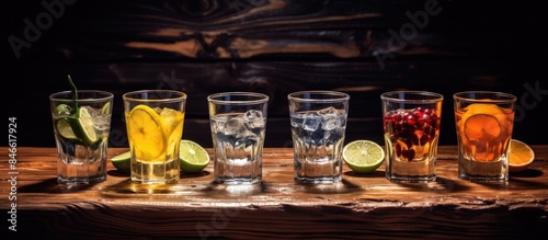 Cold vodka shots and snacks displayed on a wooden background with ample copy space image.