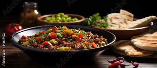 Traditional Egyptian and Middle Eastern food called foul medames with fava beans dip, shown in a copy space image.