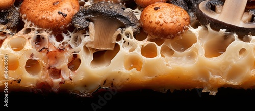 Close-up macro image of mold fungus on spoiled sausage and cheese, fluffy spores creating a background texture with copy space.
