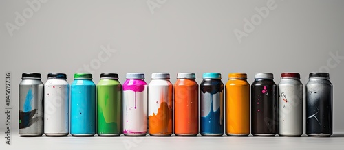 A collection of aerosol paint cans with a used appearance in front of a blank background suitable for adding text or images. with copy space image. Place for adding text or design