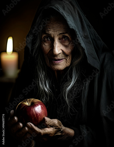 Una vieja bruja que ofrece una manzana